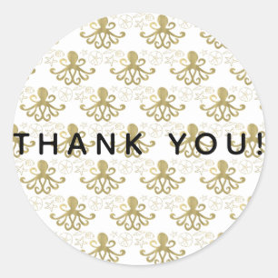 Golden Octopus & Sea Shells Beach Birthday Party Classic Round Sticker