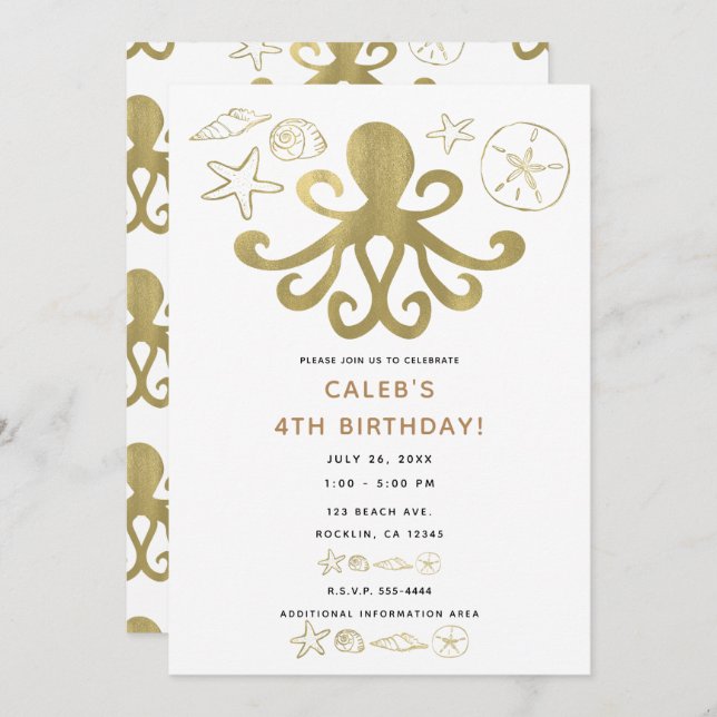 Golden Octopus & Sea Shells Beach Birthday Party Invitation (Front/Back)