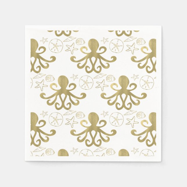 Golden Octopus & Sea Shells Beach Birthday Party Napkins (Front)