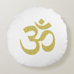 Golden Om Buddhist Symbol for White Round Pillow