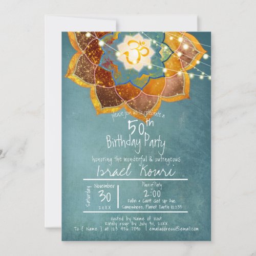 Golden Om Flower Mandala Design 50th Birthday Teal Invitation