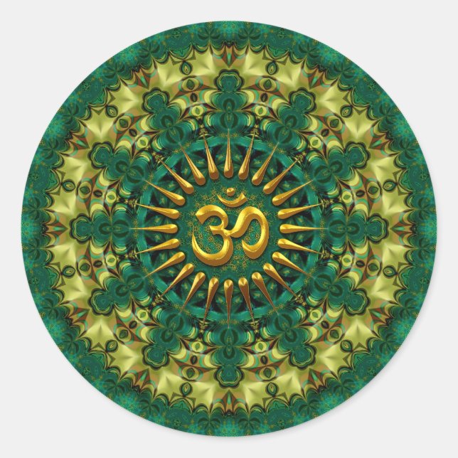 Golden Om & Nature Green Mandala Geometry Art Classic Round Sticker (Front)