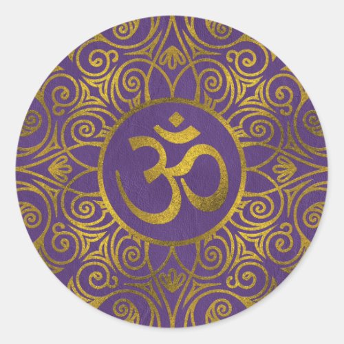Golden  OM symbol with  on pastel purple Classic Round Sticker