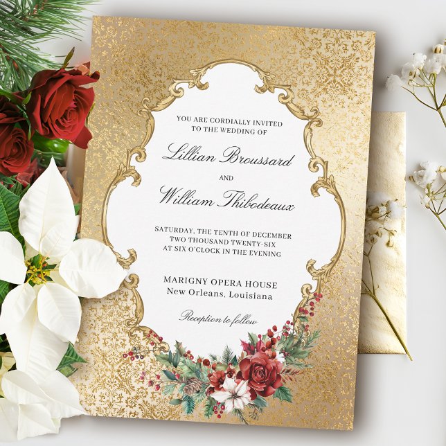 Golden Opulence Christmas Floral Wedding Invitation (Creator Uploaded)