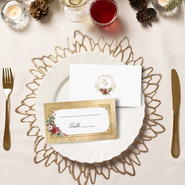 Golden Opulence Christmas Floral Wedding Place Card (Creator Uploaded)