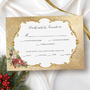 Golden Opulence Christmas Floral Wedding RSVP Card