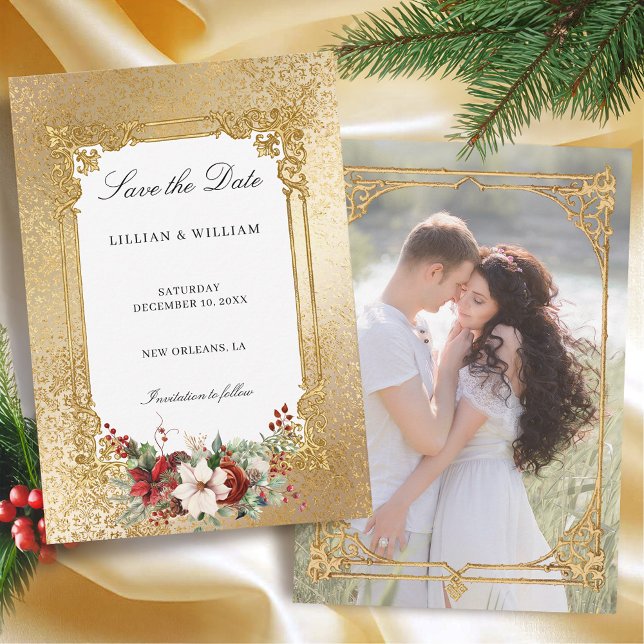 Golden Opulence Christmas Floral Wedding  Save The Date (Creator Uploaded)