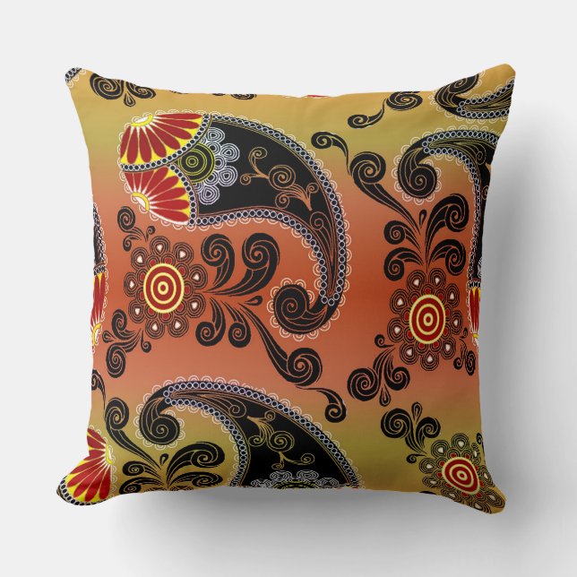 Golden Orange and Black Paisley Throw Pillow (Front)