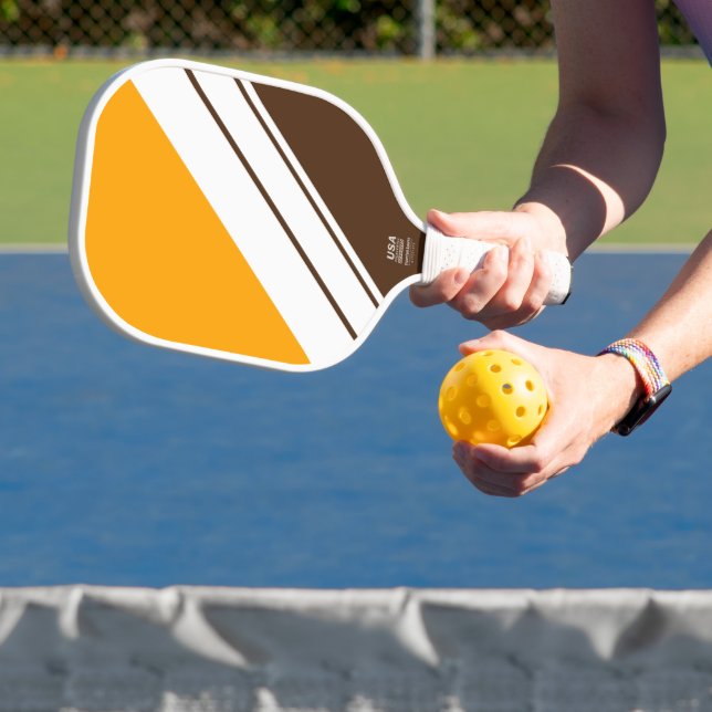 Golden Orange Cocoa Brown White Racing Stripes Carbon Fiber Pickleball Paddle (Insitu)