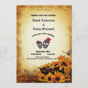 Golden Orange Gothic Sunflower Halloween Wedding Invitation