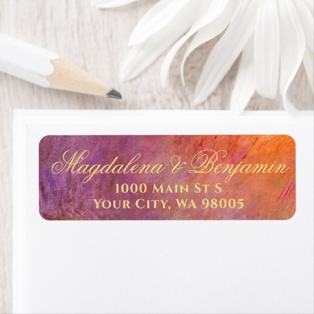 Golden Orange Purple Sunset Sky Monet Art Wedding Label (Insitu)