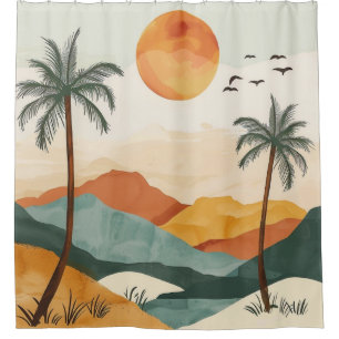 Golden Orange Retro Tropical Mountain Sunset Shower Curtain