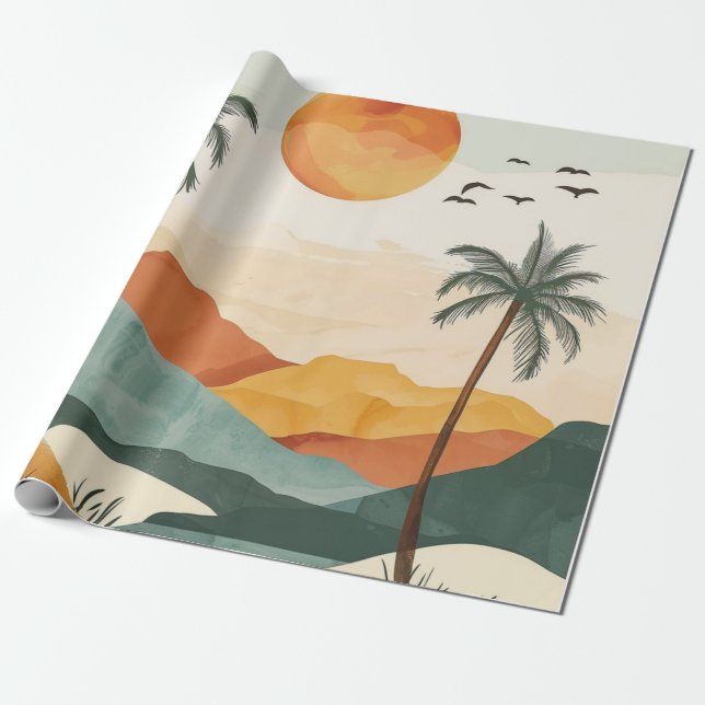 Golden Orange Retro Tropical Mountain Sunset Wrapping Paper (Unrolled)