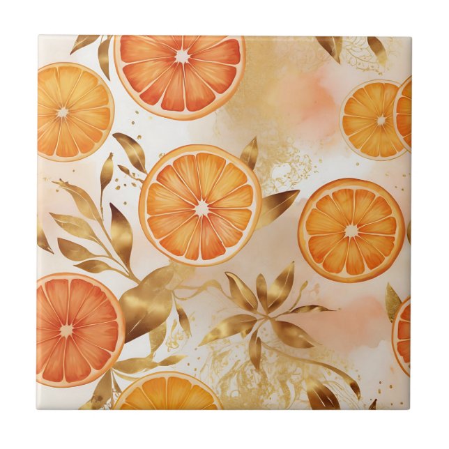 Golden Orange Slice Pattern Ceramic Tile (Front)