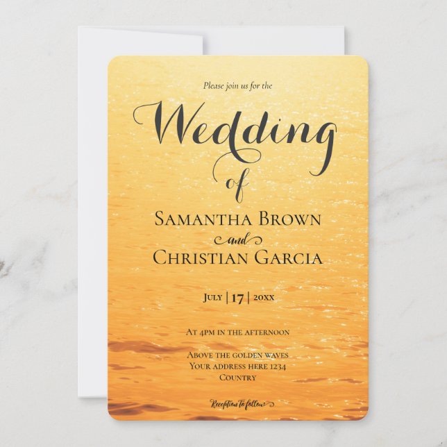 Golden orange summer sea waves wedding invitation (Front)