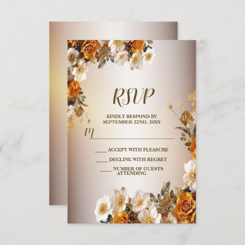 Golden Orange White Flowers Elegant RSVP Card