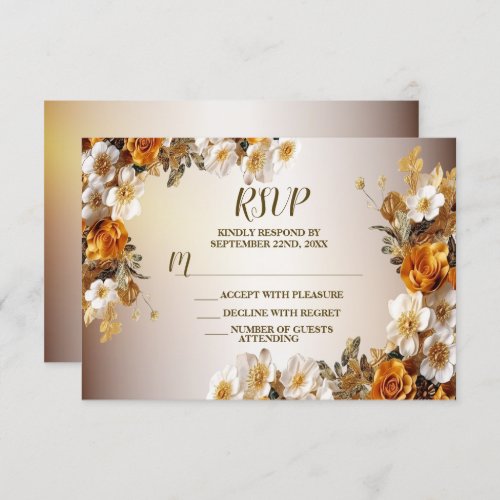 Golden Orange White Flowers Elegant RSVP Card