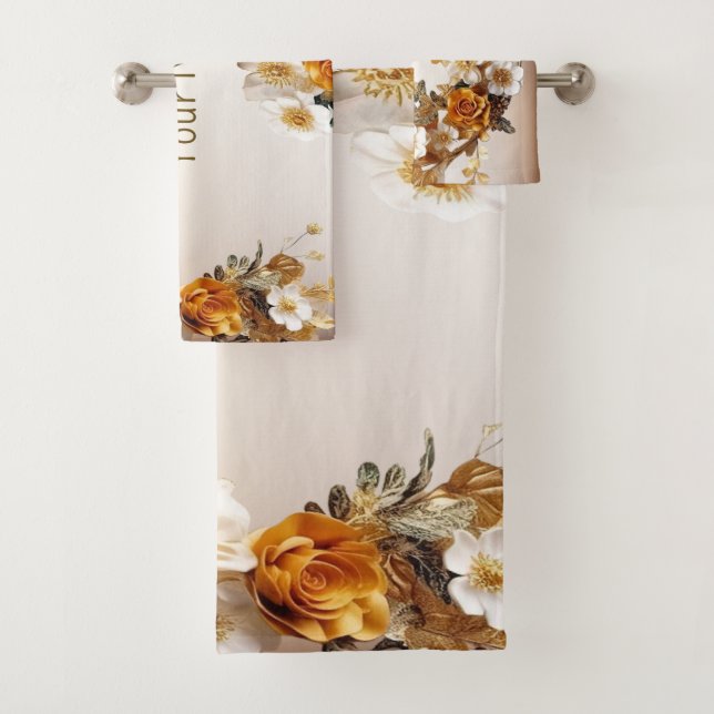 Golden Orange White Flowers Rustic Elegant Bath Towel Set (Insitu)