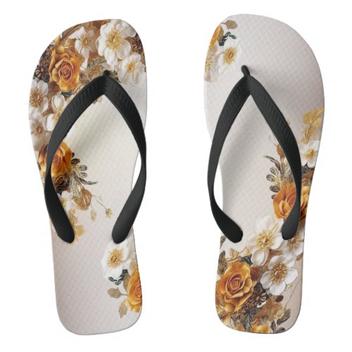 Golden Orange White Flowers Rustic Elegant Flip Flops