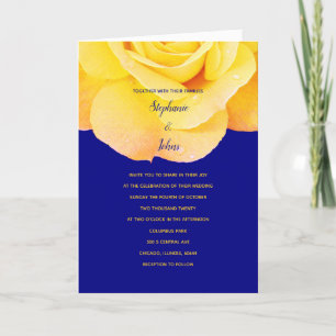 Golden Orange Yellow Rose Navy Blue Floral Wedding Invitation