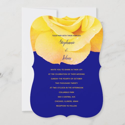 Golden Orange Yellow Rose Navy Blue Floral Wedding Invitation