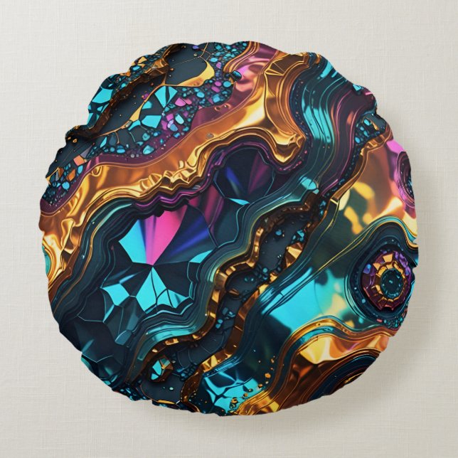 Golden Ore Veins with shiny Gems Round Pillow (Front)