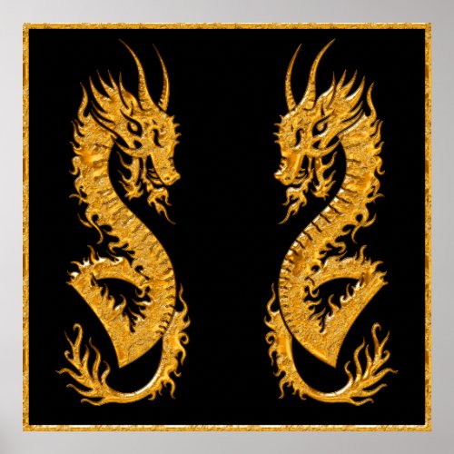 Golden oriental dragon 02 pair poster