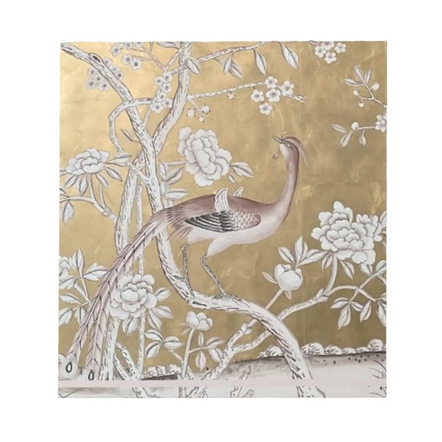 Golden Oriental Tea Garden with Subtle Peacock Notepad (Front)