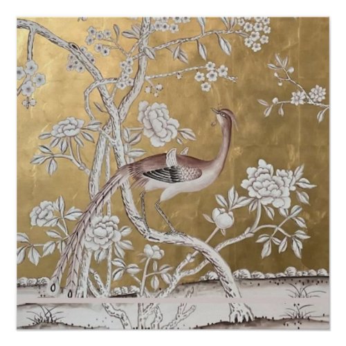 Golden Oriental Tea Garden with Subtle Peacock Poster