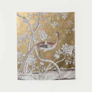 Golden Oriental Tea Garden with Subtle Peacock Tapestry