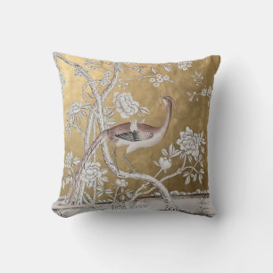 Golden Oriental Tea Garden with Subtle Peacock Throw Pillow