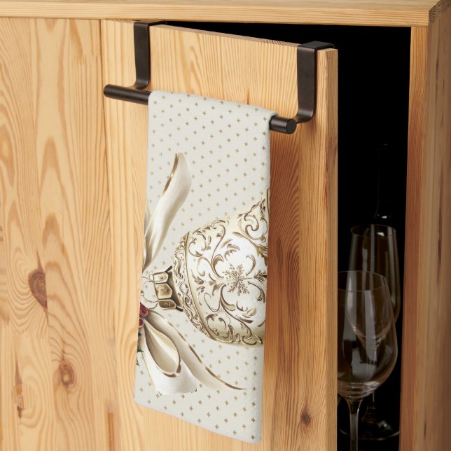 Golden Ornament Christmas Holiday Party Elegant Kitchen Towel (Thirds Fold)