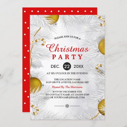 Golden Ornament Silver White Christmas Party Invitation