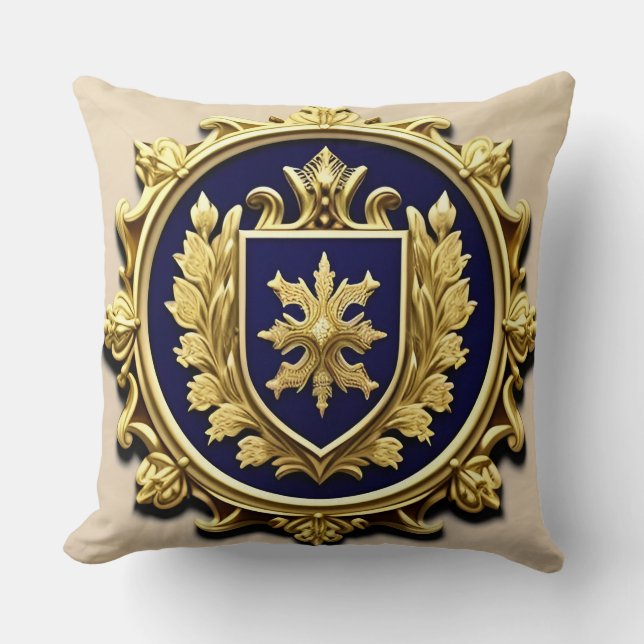 Golden Ornamental Crest Elegant Medieval Inspired Throw Pillow (Front)