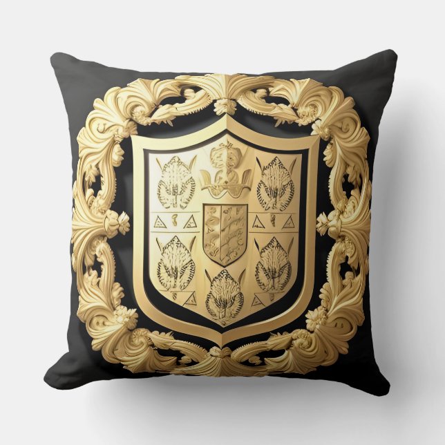 Golden Ornamental Crest with Central Shield  Throw Pillow (Front)
