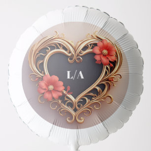 Golden Ornamental Heart Wreath With Red Flowers Balloon