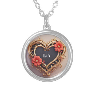 Golden Ornamental Heart Wreath With Red Flowers Silver Plated Necklace