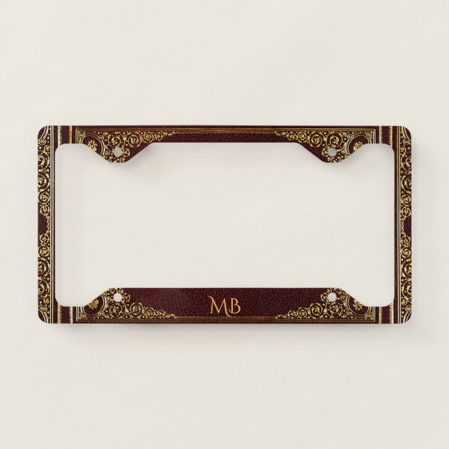 Golden Ornamental on Brown with Initials License Plate Frame (Front)