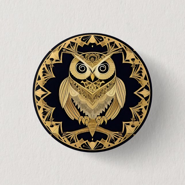 Golden Ornamental Owl with Decorative Design Button (Front)