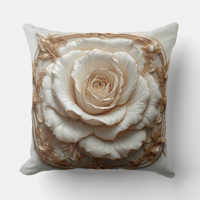 Golden Ornamental Rose Design Throw Pillow (Front)