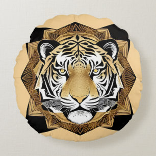 Golden Ornamental Tiger Artwork Round Pillow