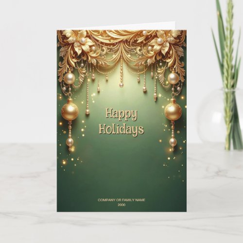 Golden Ornaments Festive Green Holiday Card