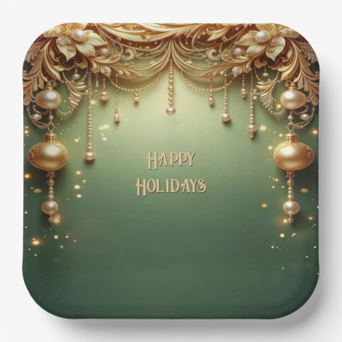 Golden Ornaments Festive Green Holiday Paper Plate