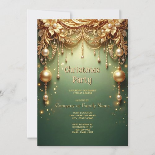 Golden Ornaments Festive Green Holiday Party Invitation
