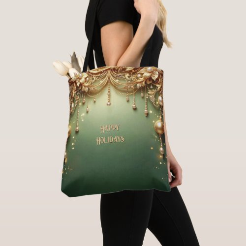 Golden Ornaments Festive Green Holiday Tote Bag