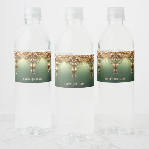 Golden Ornaments Festive Green Holiday Water Bottle Label