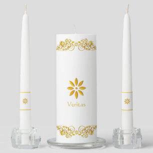 Golden ornaments, flowers & calligraphy on white unity candle set