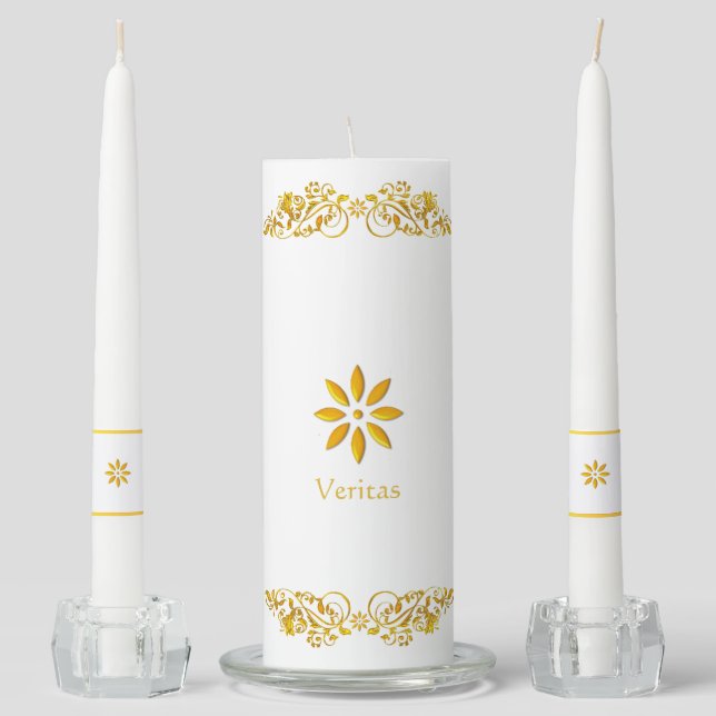 Golden ornaments, flowers & calligraphy on white unity candle set (Front)