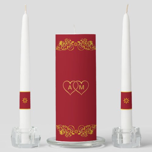 Golden ornaments hearts  monograms on burgundy unity candle set
