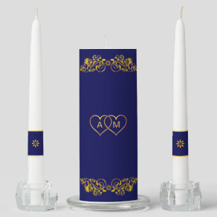 Golden ornaments, hearts & monograms on navy blue unity candle set